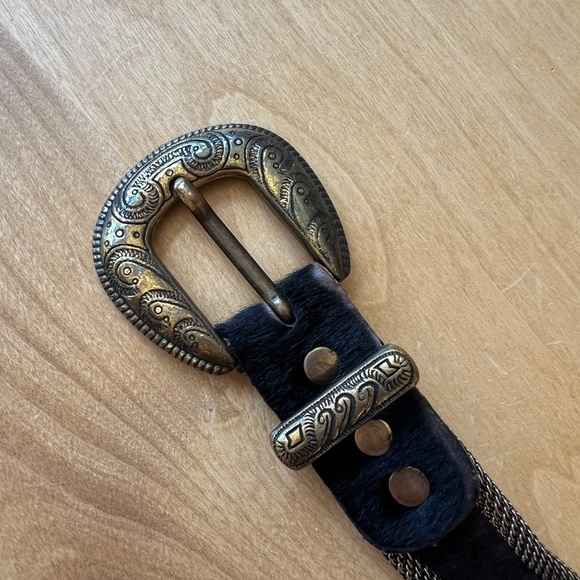 US MECO PARIS BELT VTG BLACK LEATHER METAL MESH BRONZE GROMMET STUDS WESTERN - Picture 2 of 12